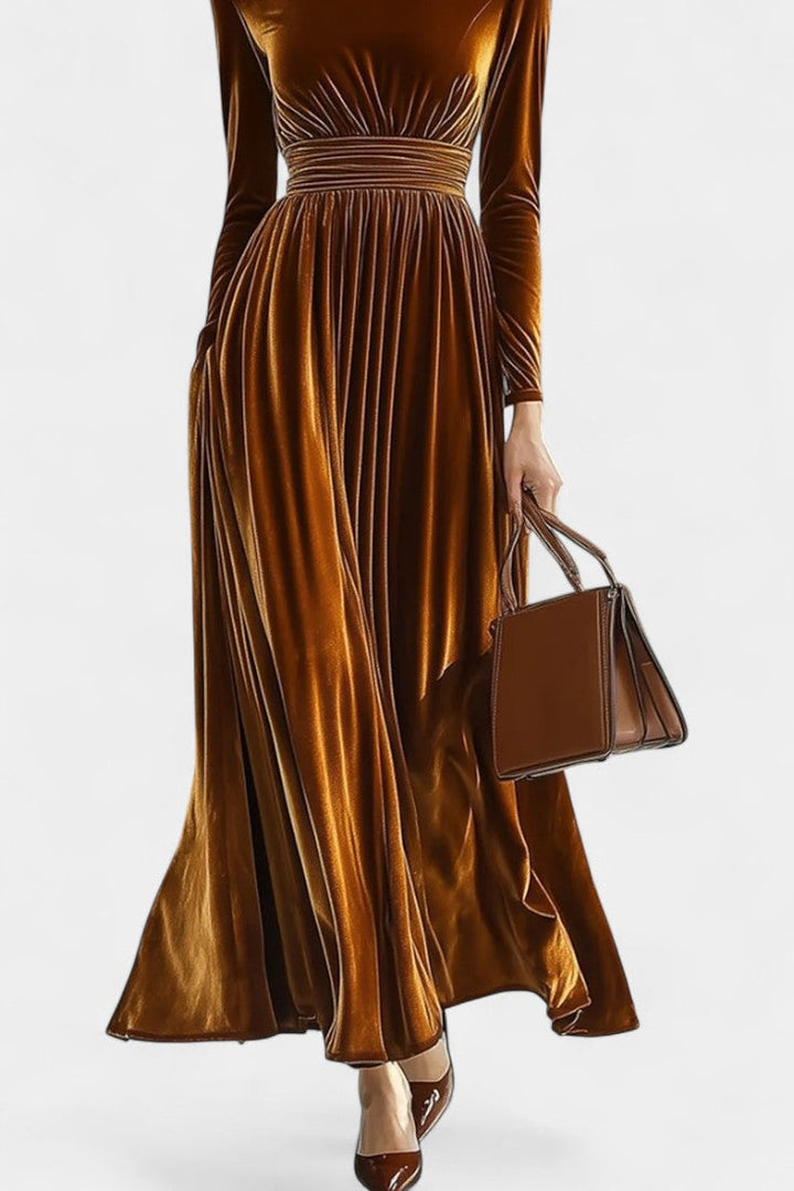 Doryane High-Collar Velvet Maxi Dress with Long Sleeves