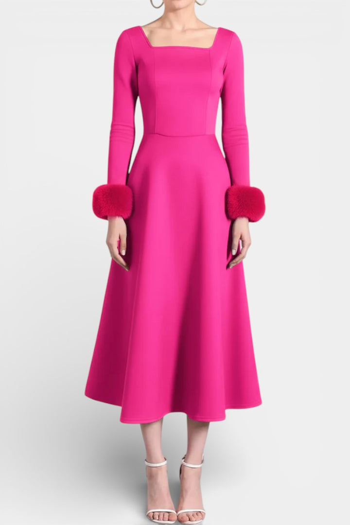 Alicia Flared Dress featuring Square Neckline and Faux Fur Patchwork Sleeves