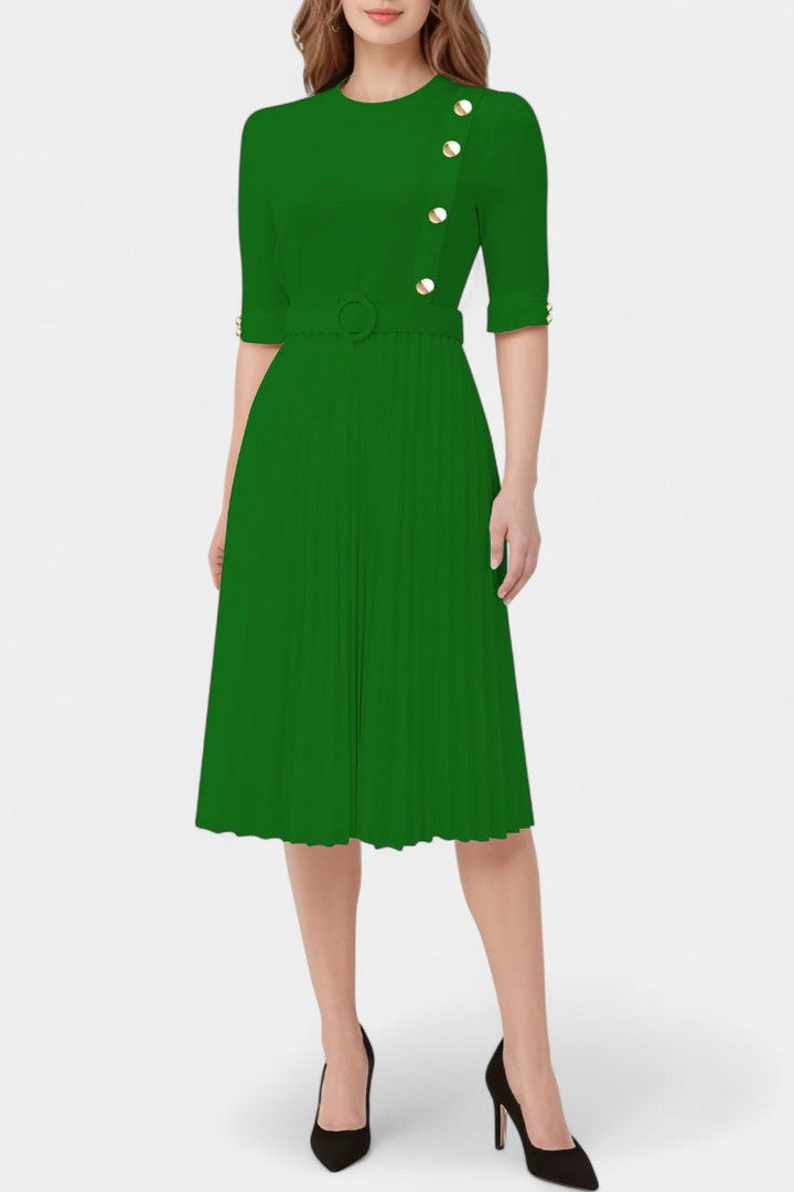 Zandie Chic Pleated Dress Featuring Stylish Button Accents