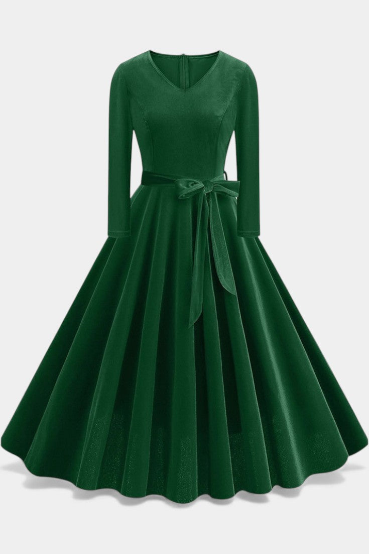 Almena V-Neck Midi Velvet Dress - Elegant and Perfect for Festive Occasions