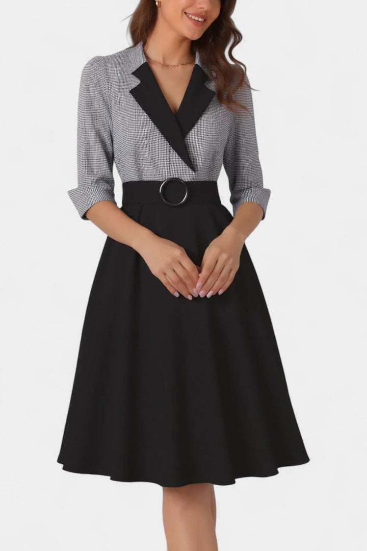 Two-Tone Maria Midi Blazer Dress with Circle Belt