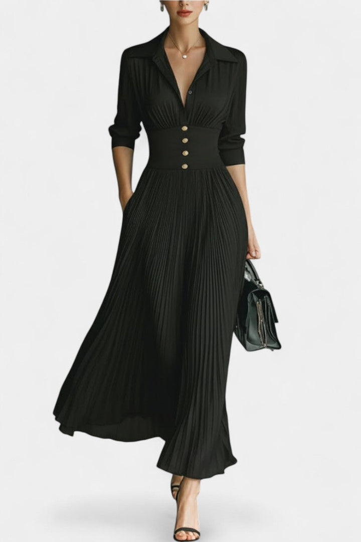 Fébronie Long Pleated Dress featuring Notched Collar and Long Sleeves