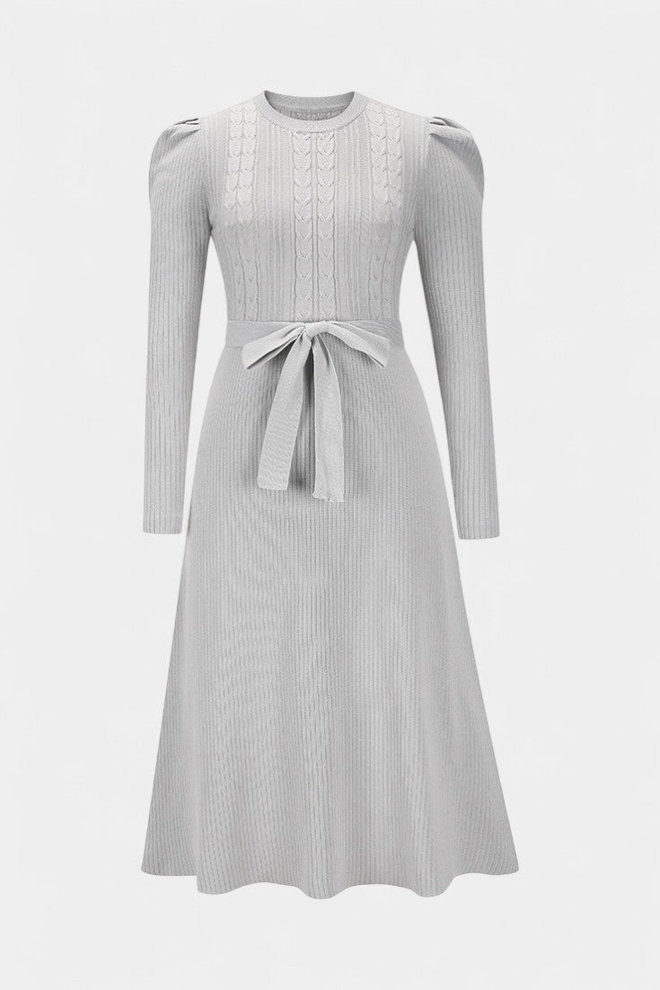Évoria Puff Sleeve Knitted Midi Dress with Lace Accents