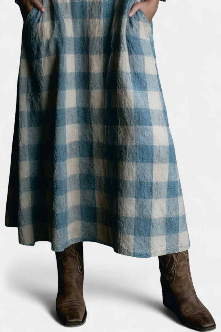 Pacifia Blue and White Checkered Maxi Dress Featuring a Shirt Collar