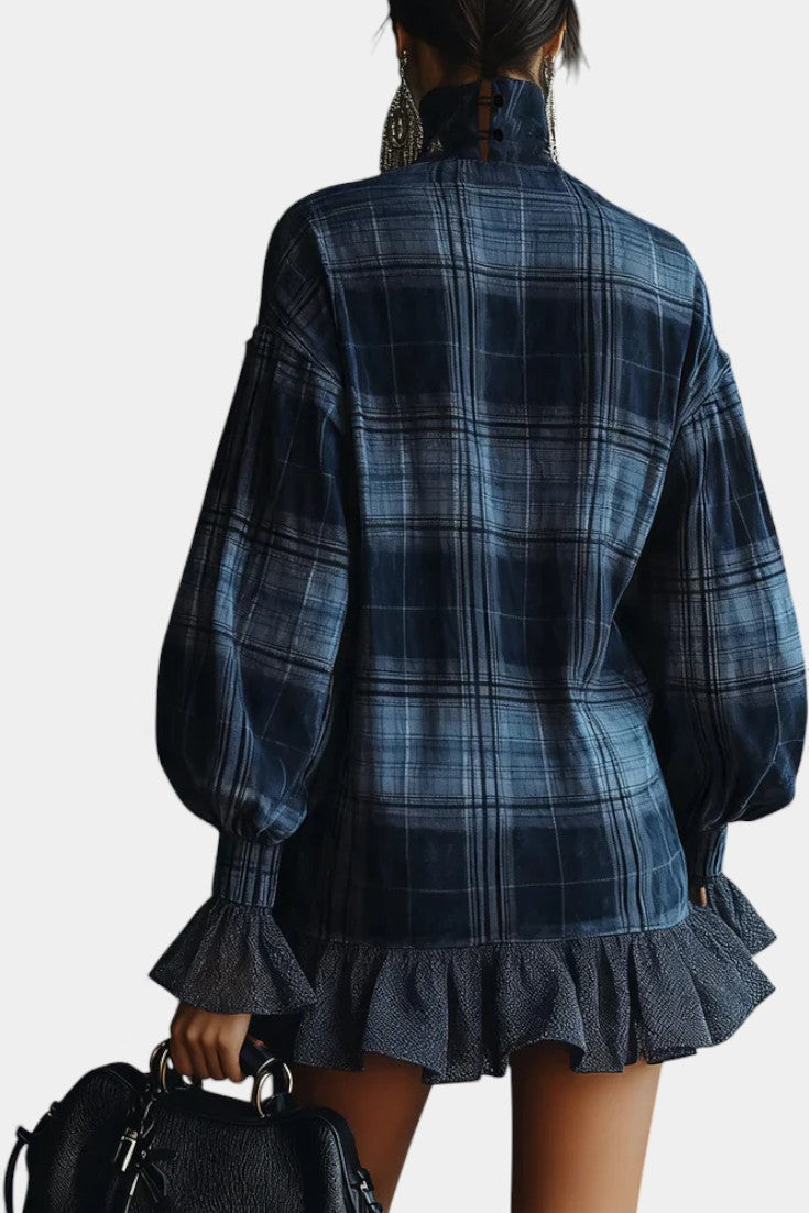 Blue Checkered Knit Mini Dress with High Collar by Alvetina