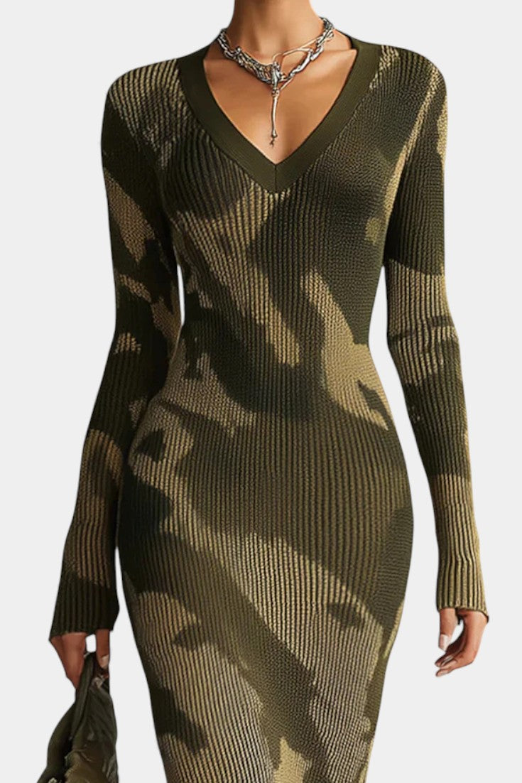 Neele Olive Camouflage Textured Fringe Midi Dress with V-Neck