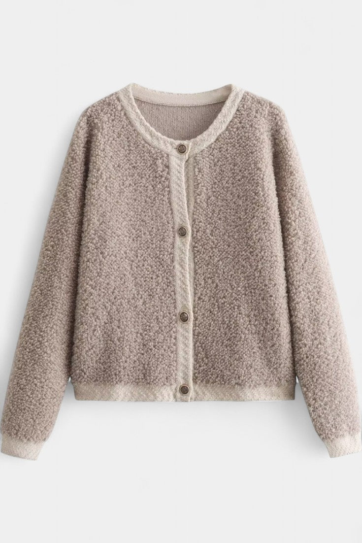 Chenda Button-Up Plush Cardigan with Ribbed Accents