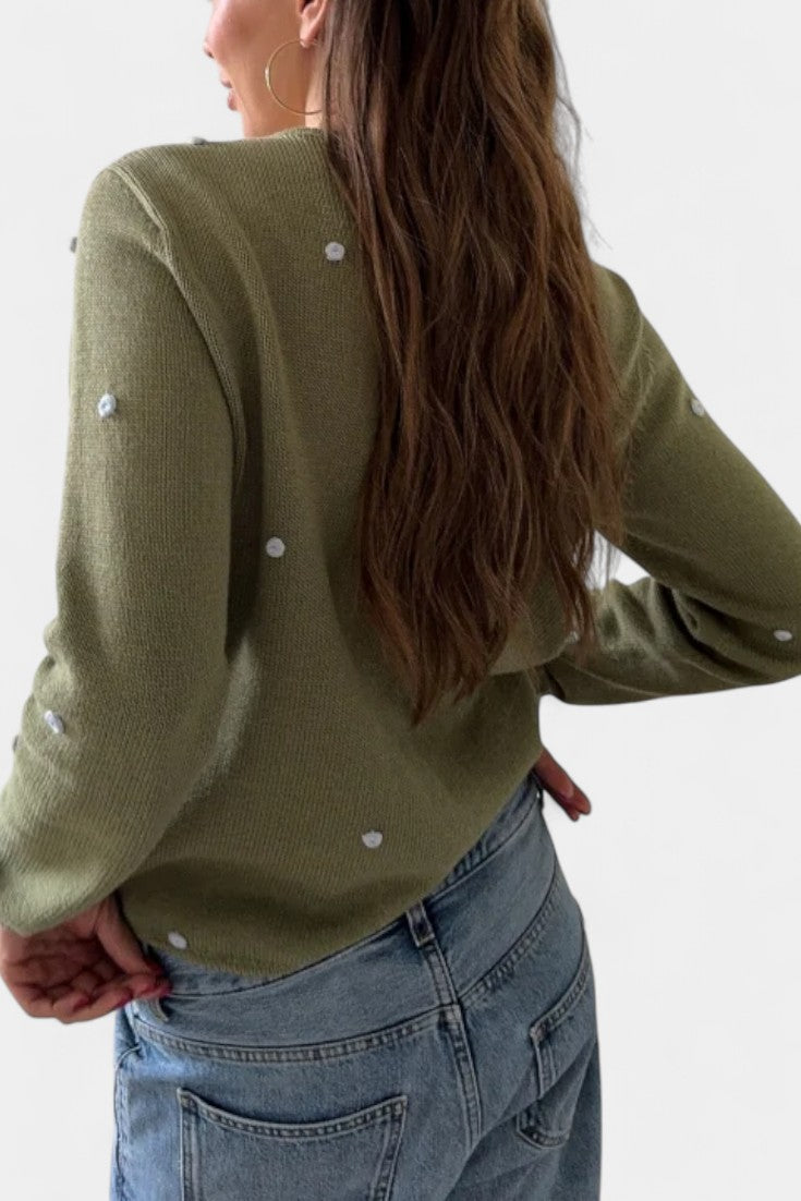 Keely Lightweight Knit Fitted Cardigan with 3D Floral Embroidery and Button Front