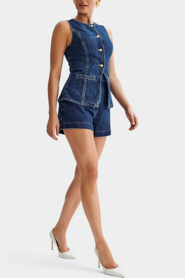 Raya Denim Ensemble: Sleeveless Jacket & High-Waisted Shorts