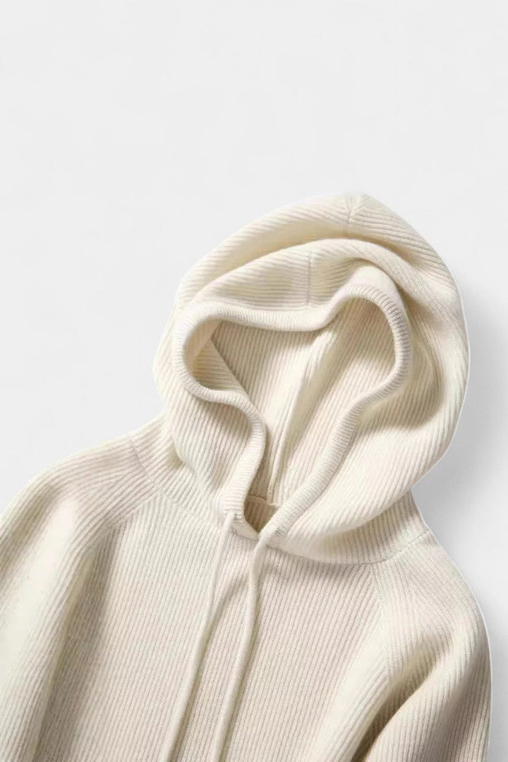 Agnella Hip-Length Ribbed Hoodie Sweater with Drawstrings