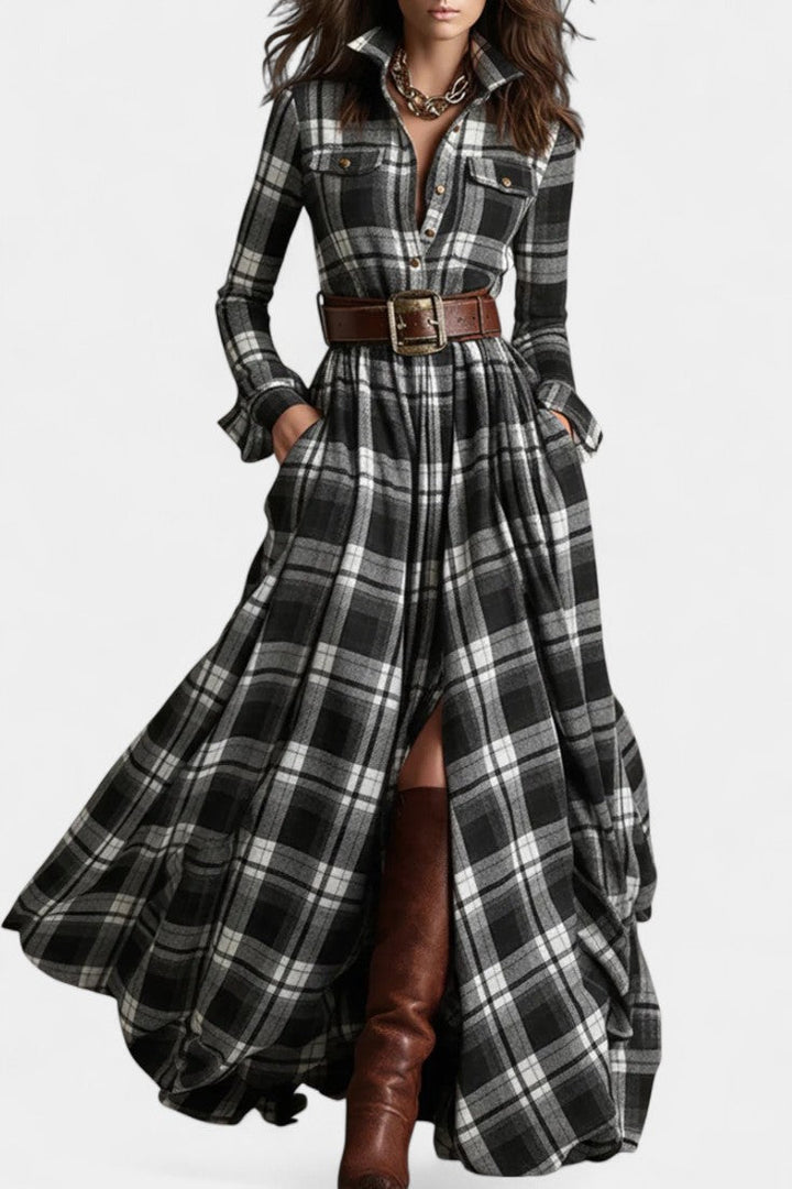 Eustelle Black and White Checkered Maxi Dress with Collar