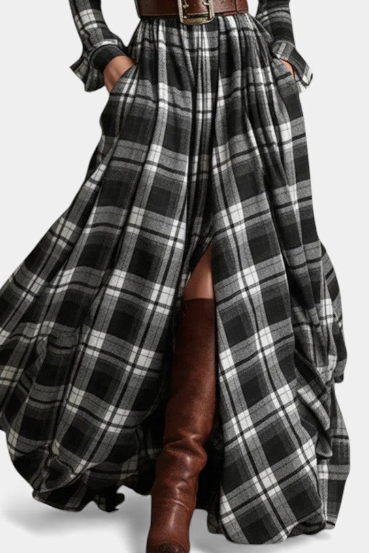 Eustelle Black and White Checkered Maxi Dress with Collar