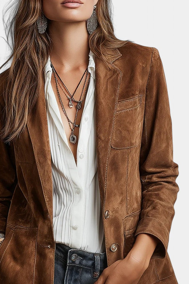 Tanja Retro Brown Suede Jacket Featuring Contrast Stitching