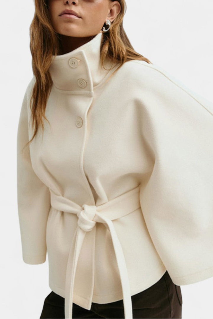 High-Collar Silke Wool Cape Coat with Belted Waist