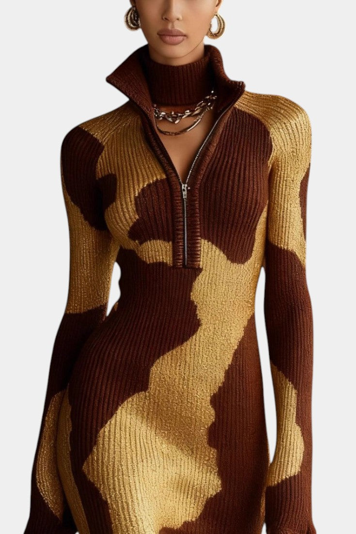 Kalinda Contrast Half-Zip Midi Knit Dress