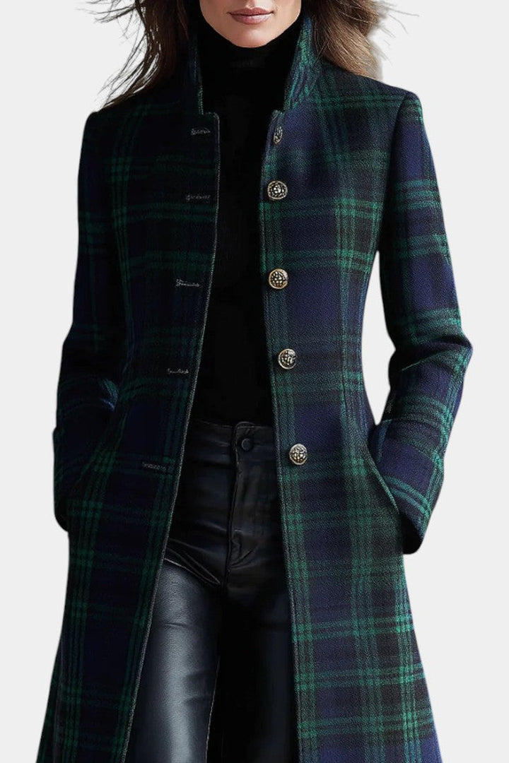 Caterina Vintage-Inspired Midi Coat in Blue-Green Plaid