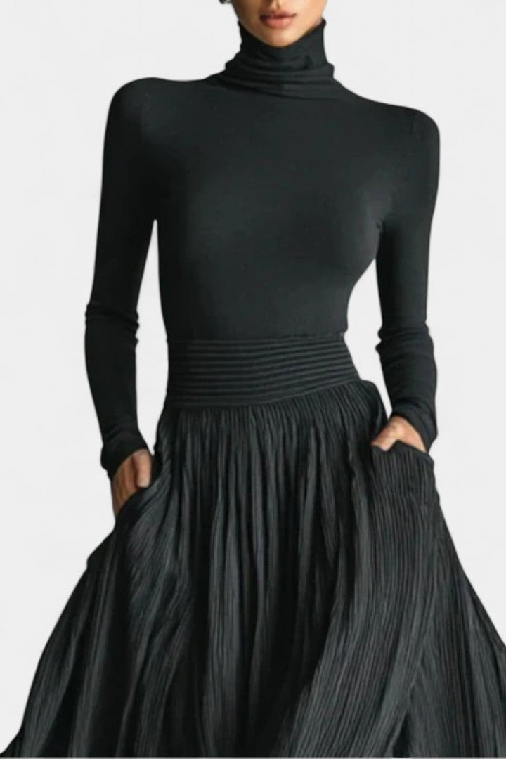 Selara Black High Neck Set with Flowing Pleated Skirt