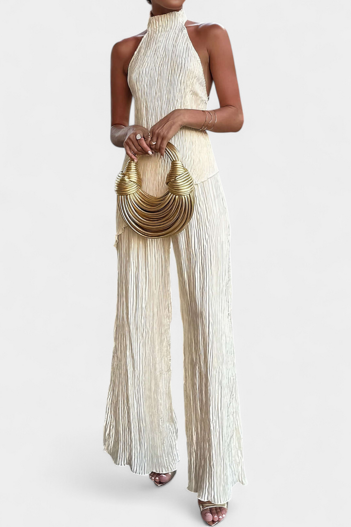 Pilarica Halter Neck Asymmetrical Top with Wide-Leg Pants Set