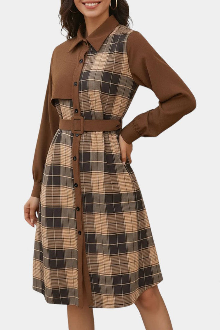 Naïla Checkered Shirt Dress with Belt - Mid-Length Style