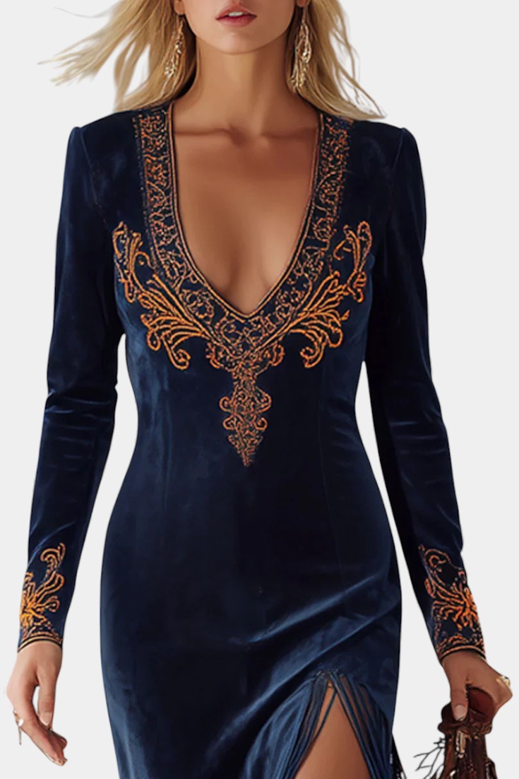 Raymonde Maxi Dress with Slit and Ethnic Embroidered Fringe Details