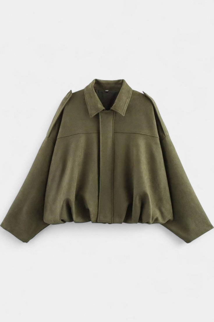 Monnie Suede Oversized Bomber Jacket with Structured Shoulders