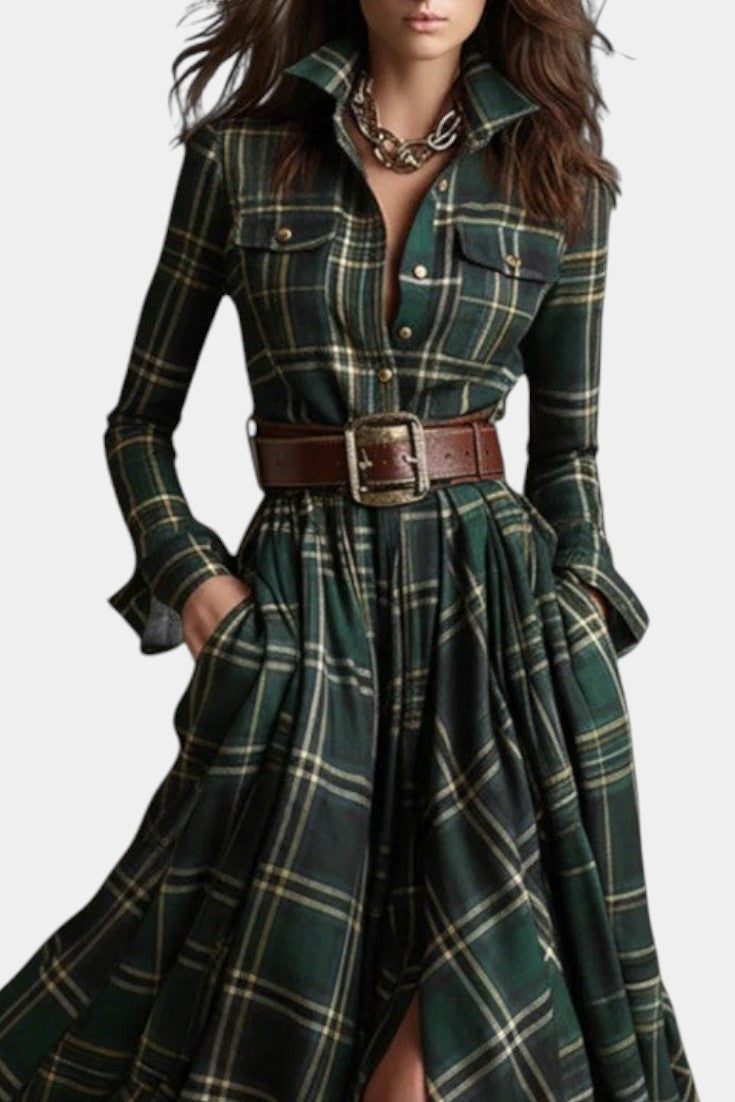 Eustelle Green Plaid Maxi Dress with Collar