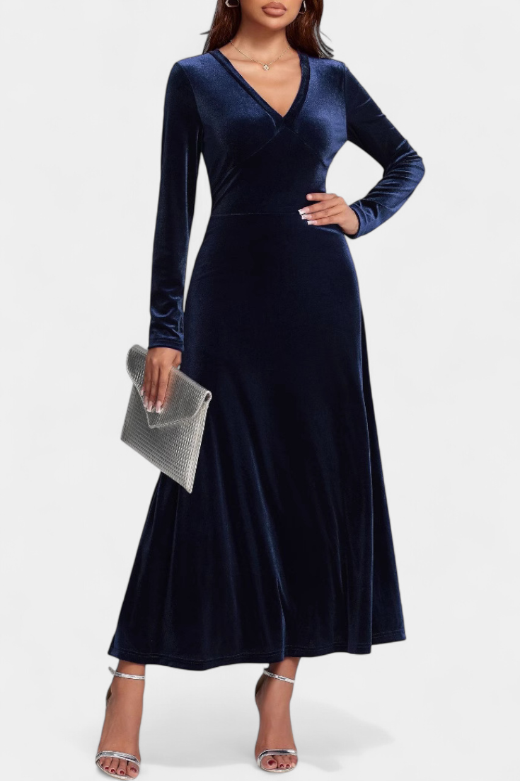 Alizée V-Neck Long Velvet Dress with Flared Silhouette