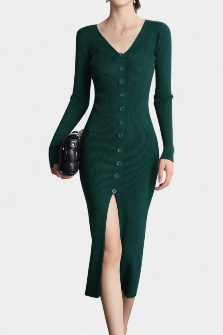 Nadège V-Neck Midi Knitted Dress with Chic Button Details