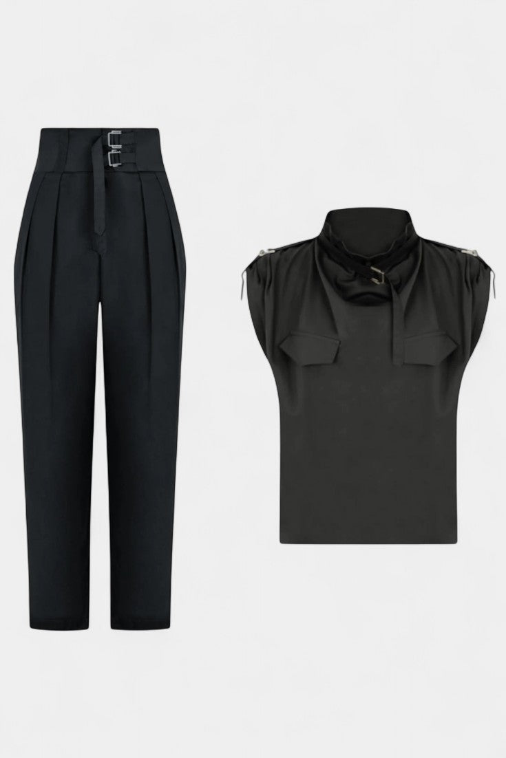 Cassis Ruffled Collar Belted Jumpsuit with Straight Cut