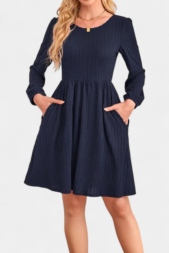 Dorothée Long Sleeve Textured Flared Dress with Round Neck