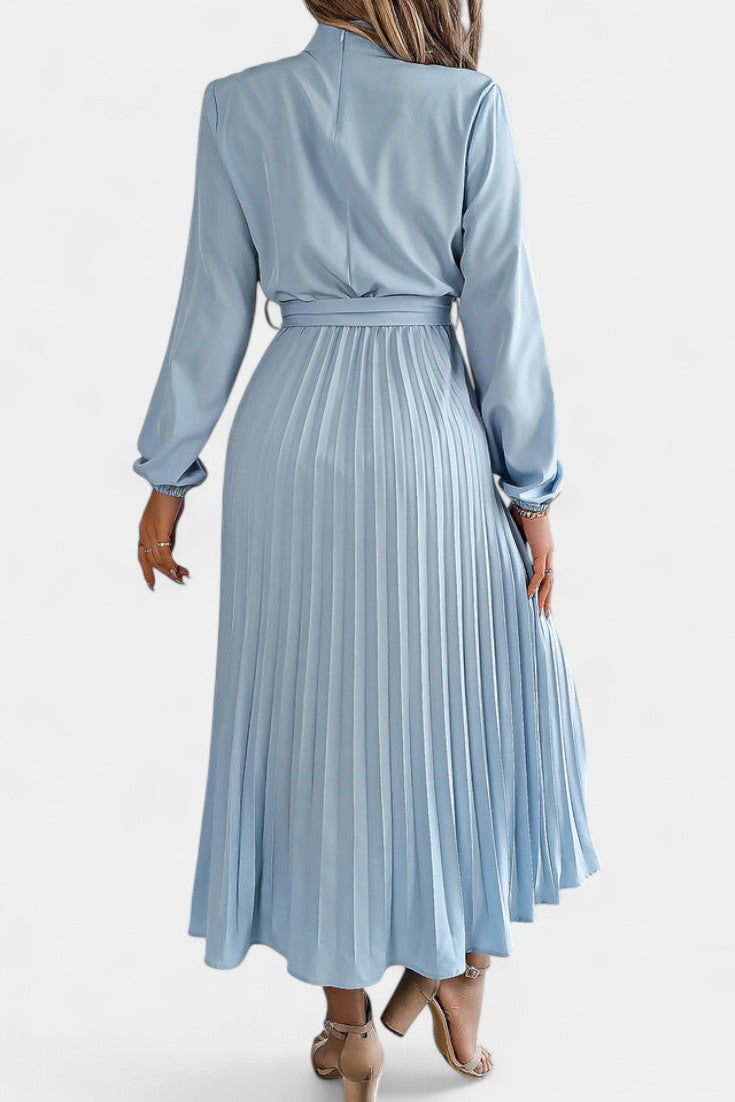 Morgane Pleated Dress Featuring a High Gathered Collar and Tied Waist