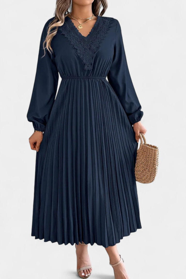 Séverine V-Neck Lace Dress with Long Puff Sleeves and Pleated Design