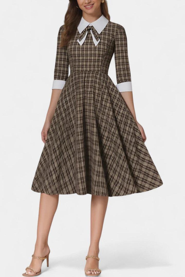 Natacha Checkered Midi A-Line Dress with Collar and Bow Detail