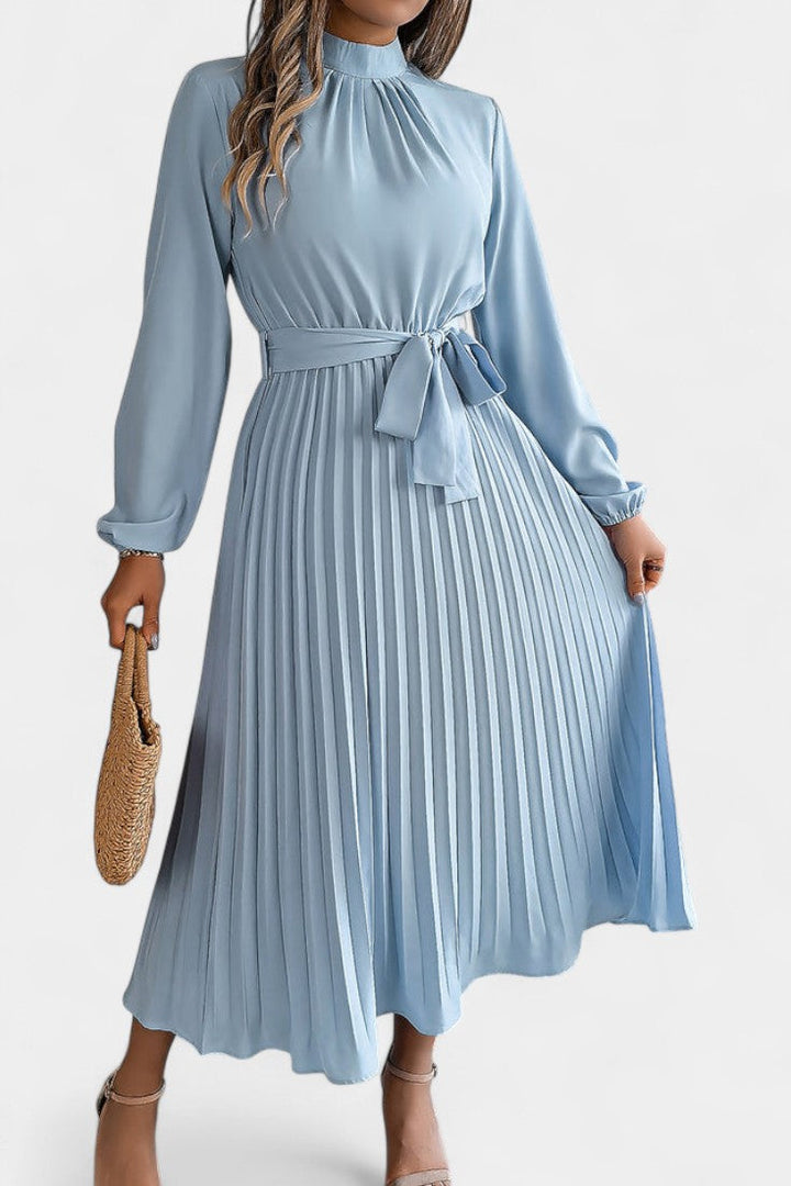 Morgane Pleated Dress featuring a High Ruffled Collar and Tied Waist