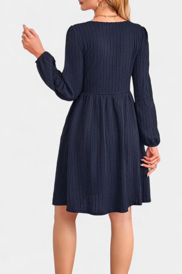 Dorothée Long Sleeve Textured Flared Dress with Round Neck