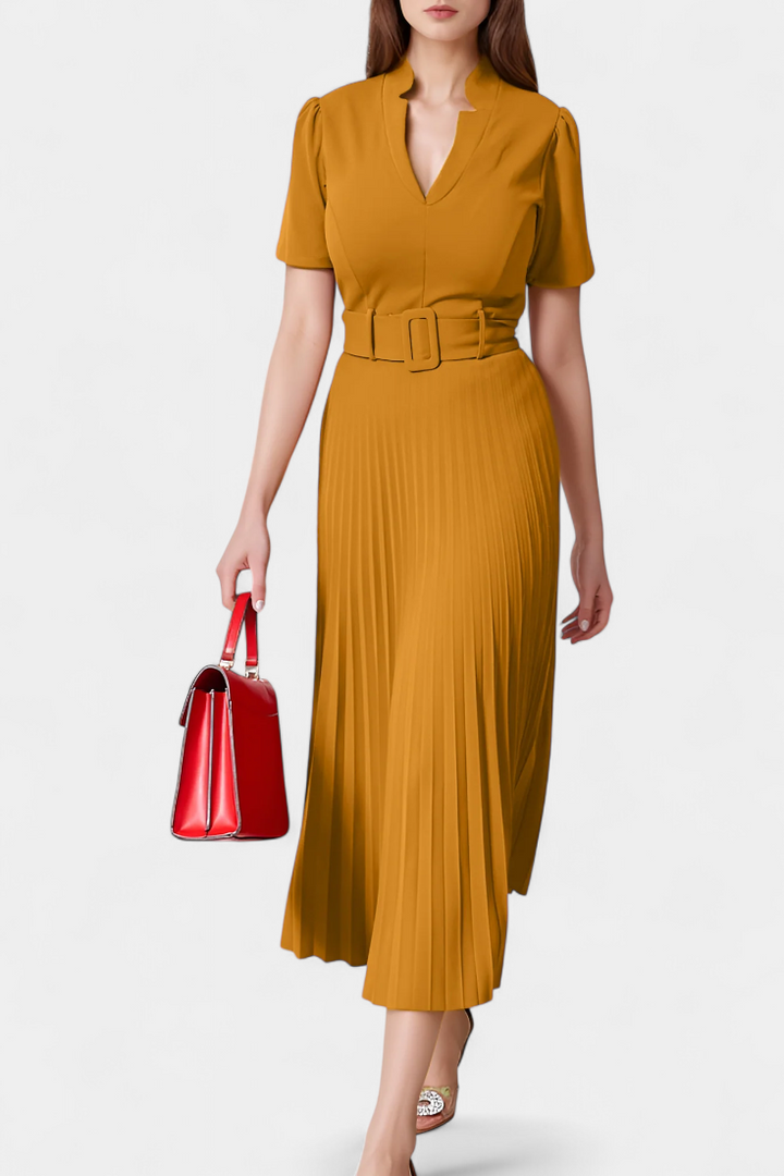 Seliora Pleated Skirt Midi Dress with Belt