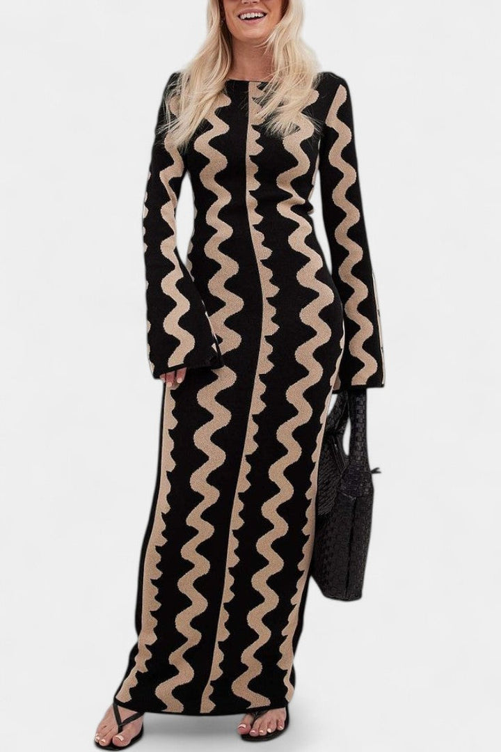 Maphie Long Sleeve Knit Dress with Geometric Pattern