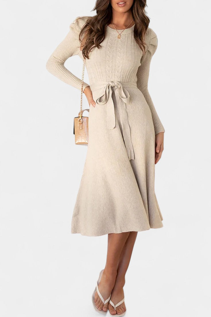 Évoria Puff Sleeve Knitted Midi Dress with Lace Accents
