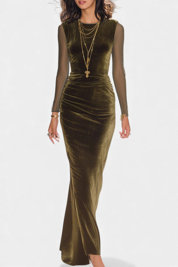 Rusina Olive Maxi Dress with Sheer Sleeves