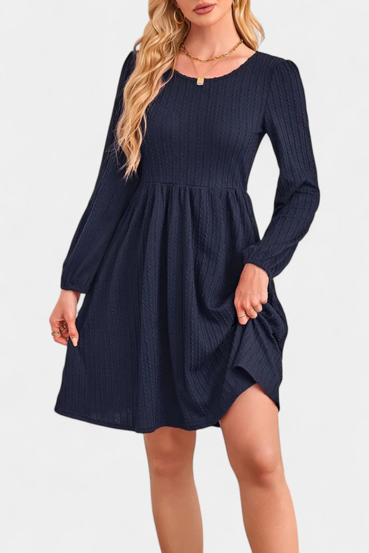 Dorothée Textured Flared Dress featuring Round Neck and Long Sleeves