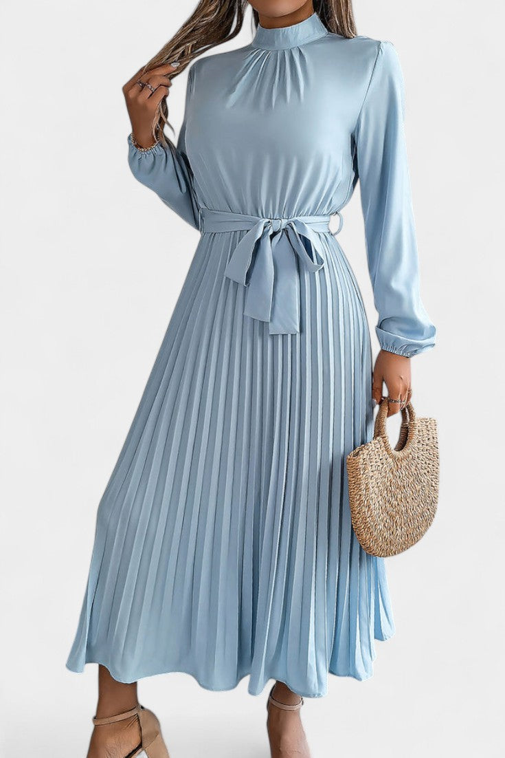 Morgane Pleated Dress featuring a High Ruffled Collar and Tied Waist