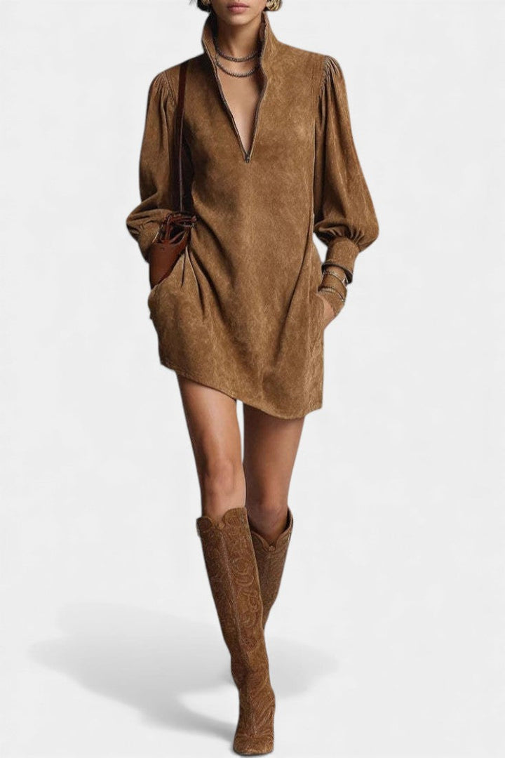 Solveig Brown Suede Mini Dress with Turtleneck and Zipper Detail