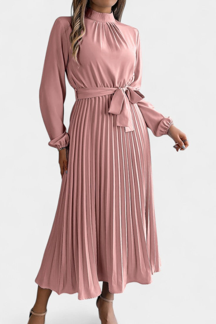 Morgane Pleated Dress Featuring a High Gathered Collar and Tied Waist