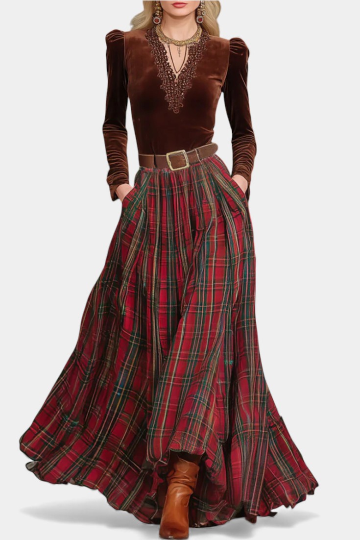 Shana Lace Ensemble with Red Checkered Skirt and Belt