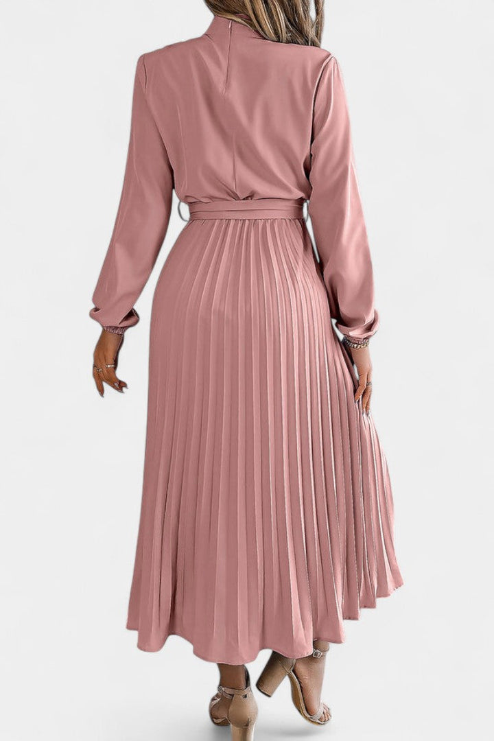 Morgane Pleated Dress featuring a High Ruffled Collar and Tied Waist