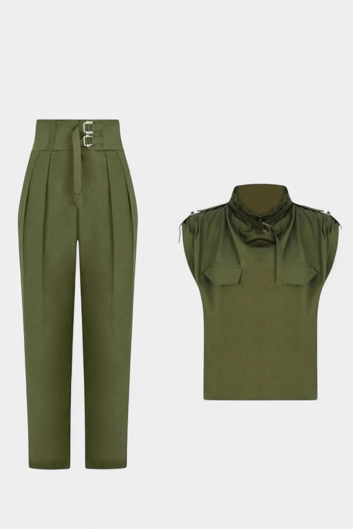 Cassis Ruffled Collar Belted Jumpsuit with Straight Cut