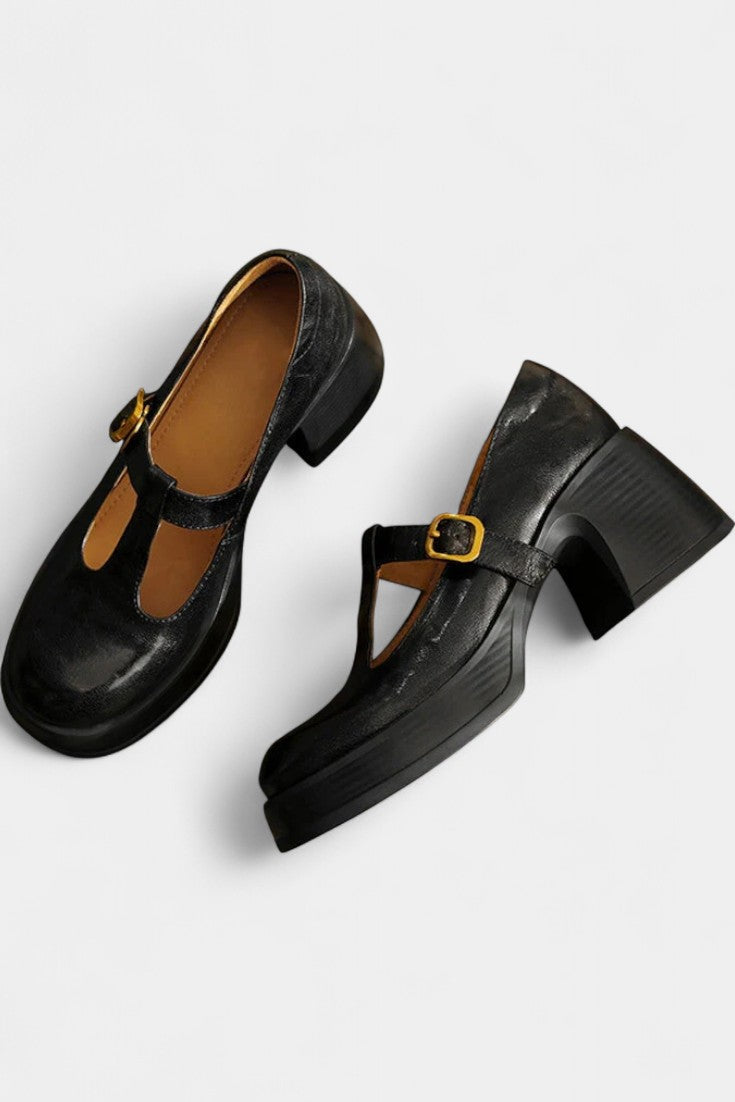 Handmade Leather Ciala Mary Janes with Platform and Square Heel