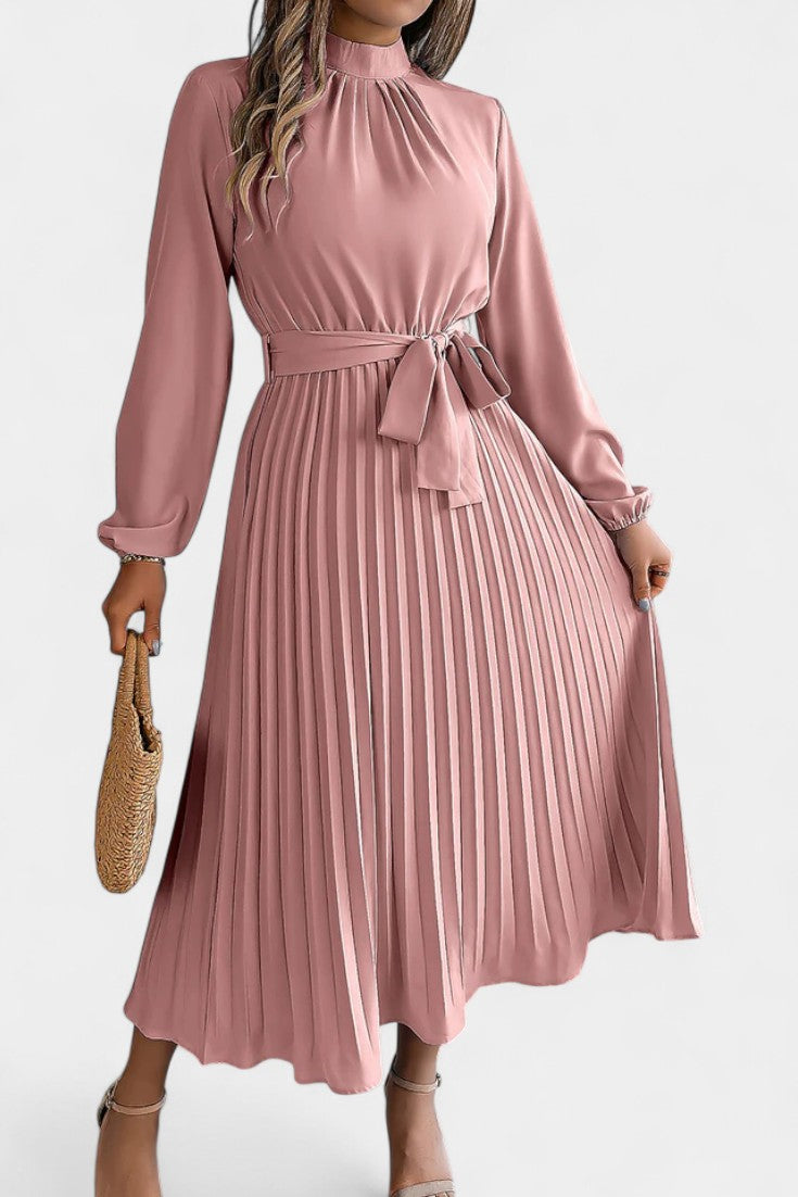Morgane Pleated Dress Featuring a High Gathered Collar and Tied Waist