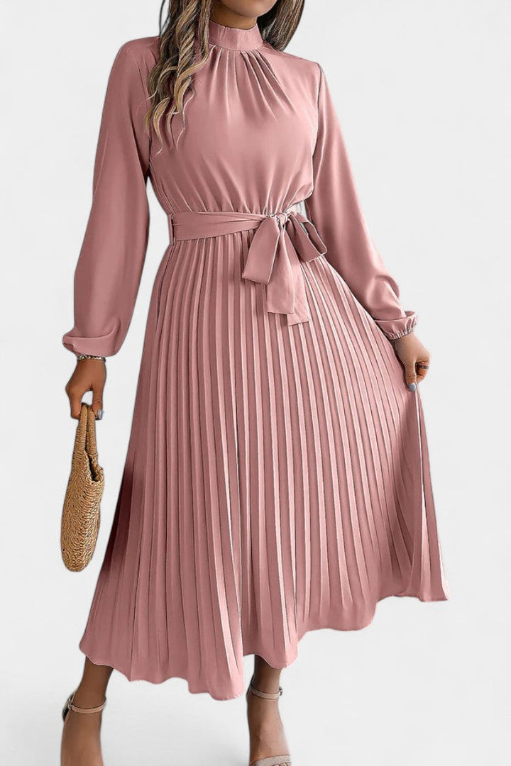 Morgane Pleated Dress Featuring a High Gathered Collar and Tied Waist
