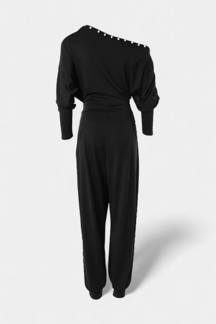 Asymmetrical Beaded Jumpsuit with Straight Leg Design
